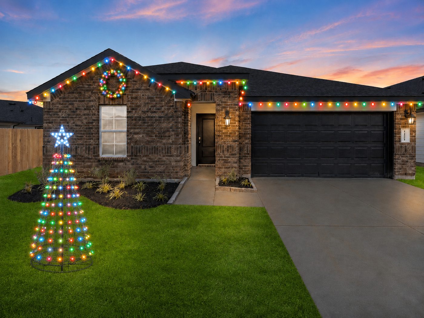 Home with multicolor roofline lights, a lit wreath and a lit yard tree with a star topper