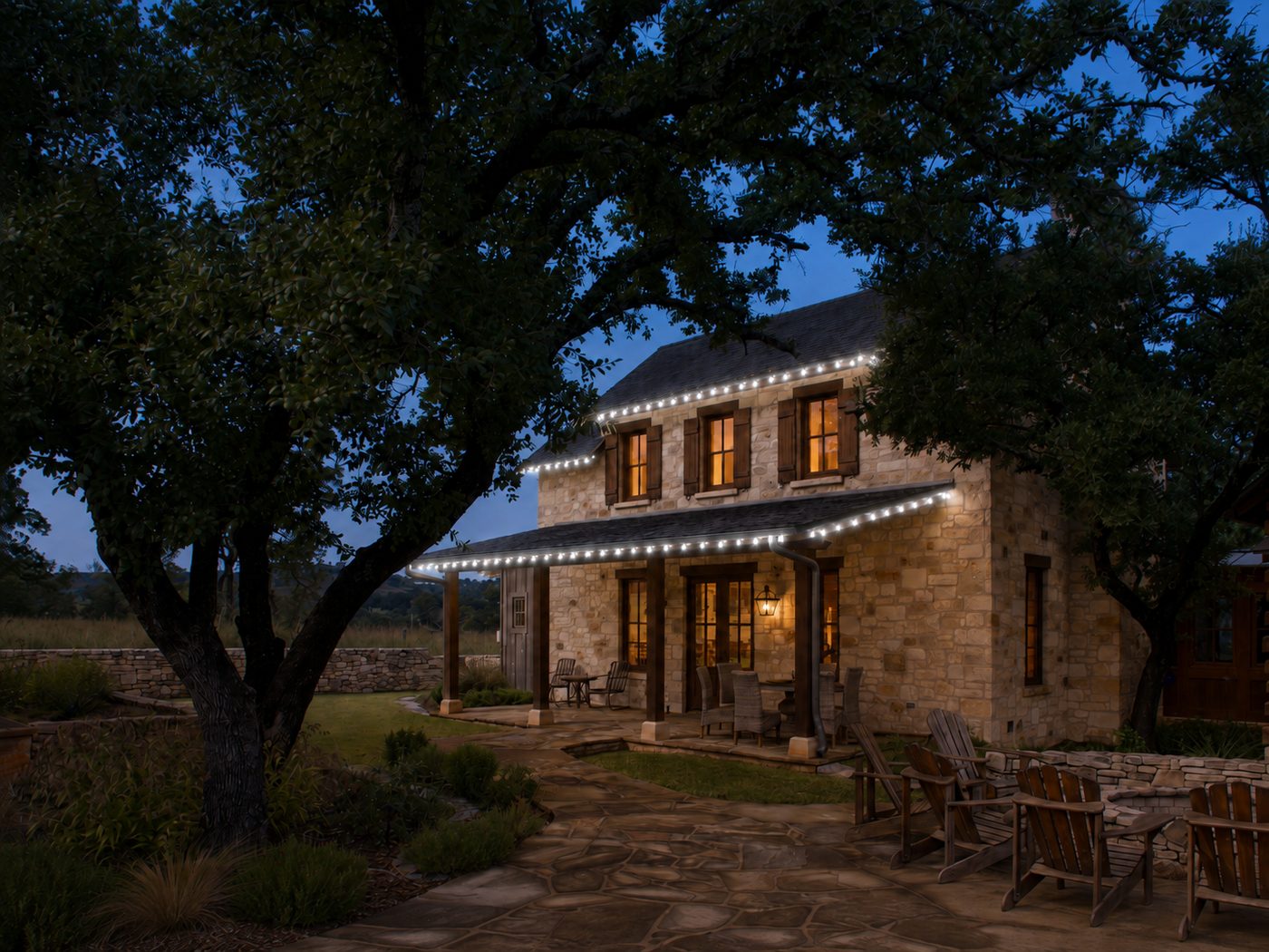 Two-story home with pure white roofline Christmas lights only