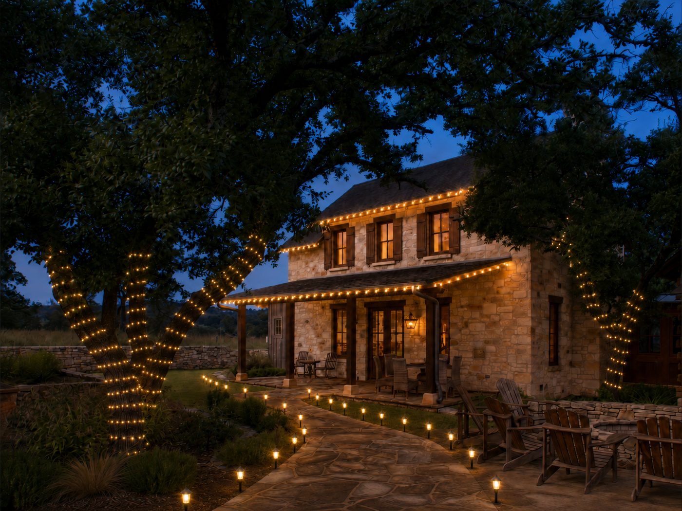 A Hill Country home shown lit with warm white Christmas lights, wrapped trees and walkway lighting