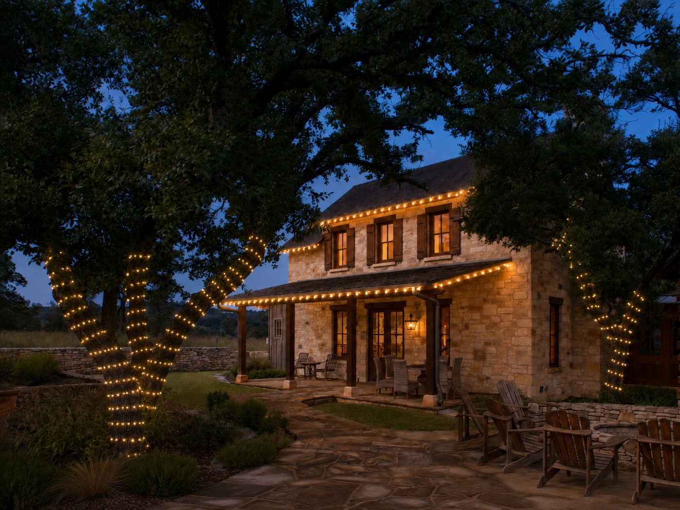Spring Branch, Texas home with warm white roofline Christmas lights and wrapped trees